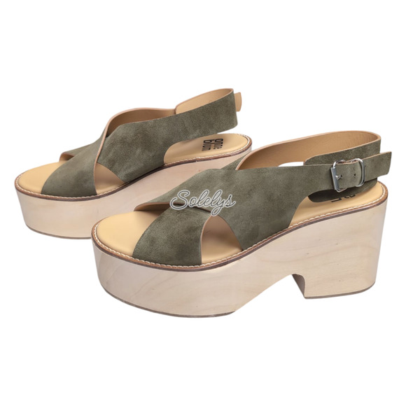 Anne Blum Sofia US 11 EU 42 Wooden Platform Suede Cross Strap Sandal Olive Green - Picture 4 of 11
